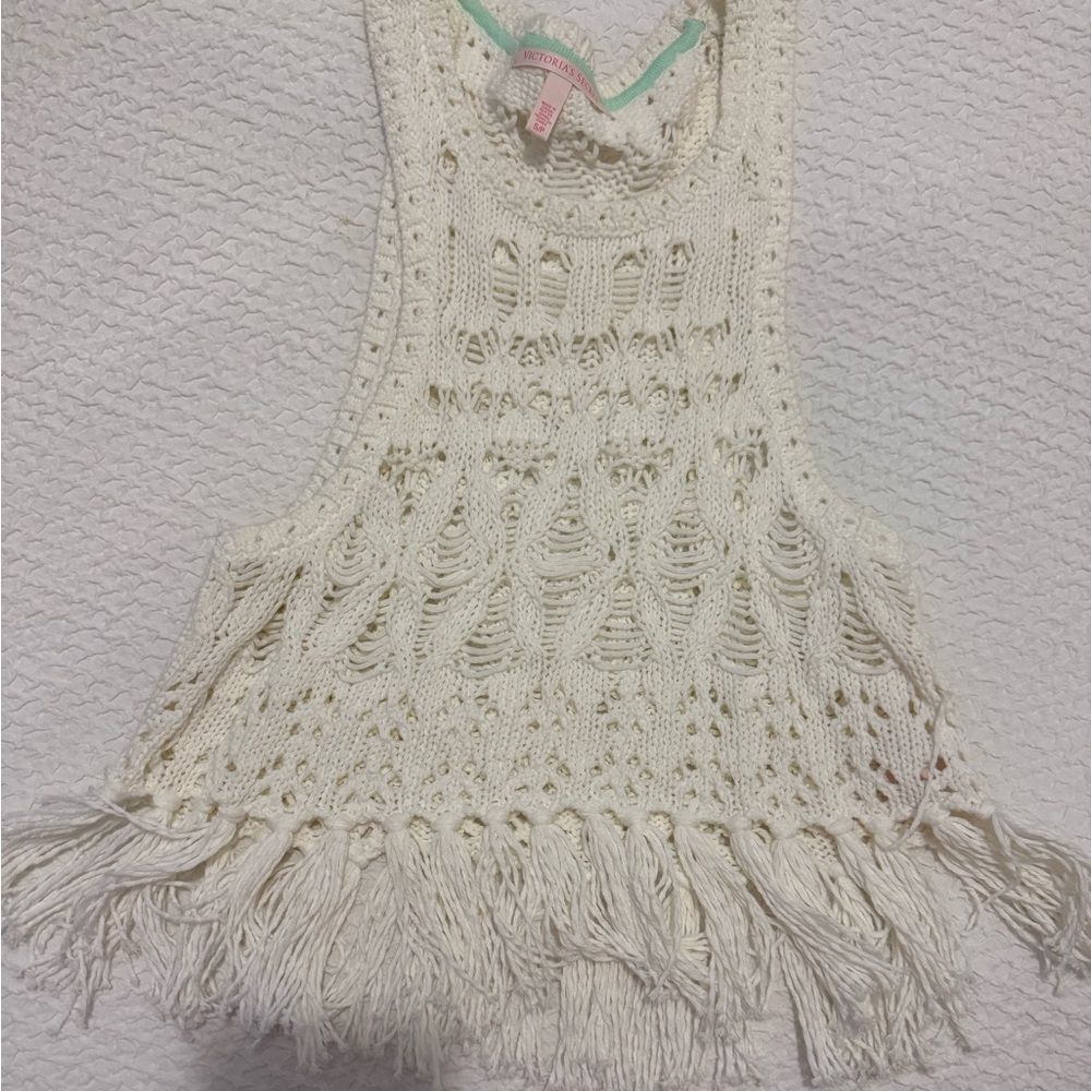 Cropped White Knit Fringe Tank Top